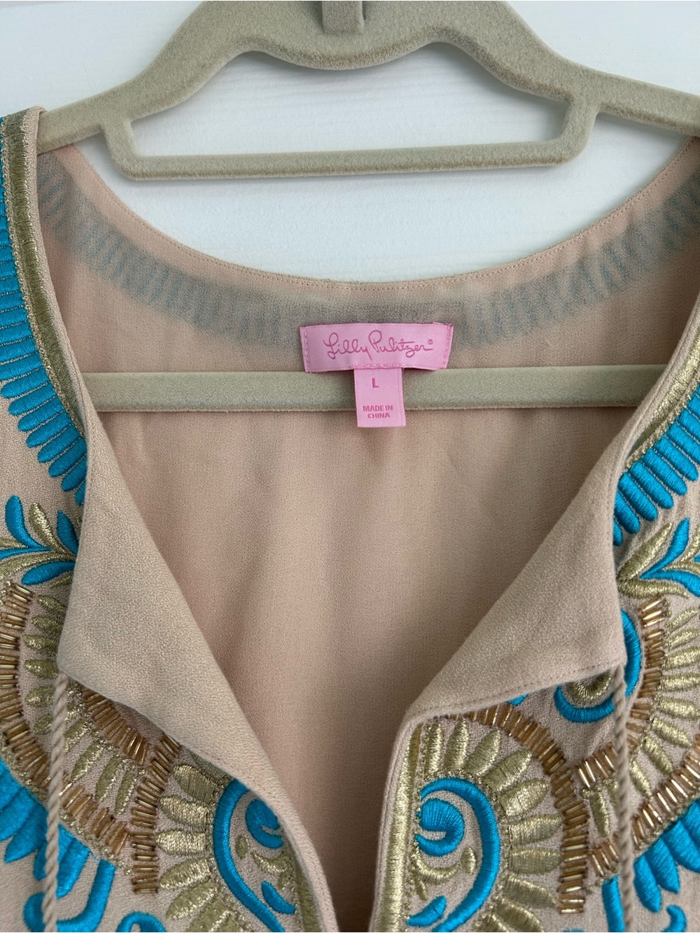 Lilly Pulitzer Aubra Dress with Turquoise and Gold Embroidery, Size L - Picture 3 of 3